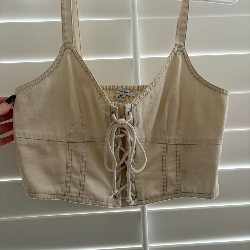 American Eagle Outfitters Cream Lace-Up Crop Top